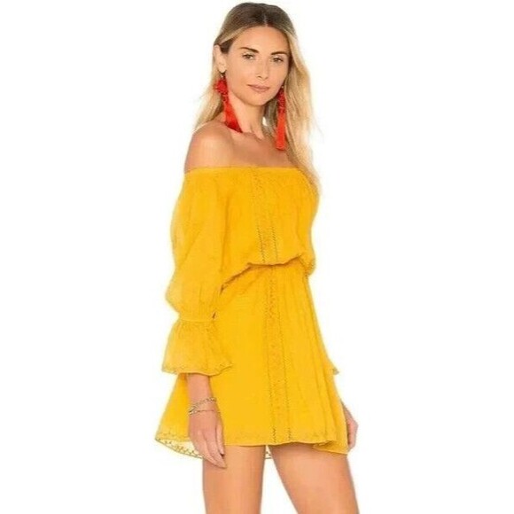 Tularosa Revolve Luna Off Shoulder Mini Dress LARGE Yellow Marigold Embroidered - Picture 2 of 10